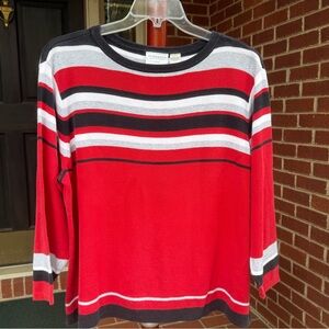 Liz Claiborne Striped Knit Long Sleeve Sweater Red, Black, Gray, & White Cotton